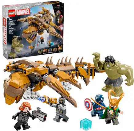 The image features a Lego Marvel set with various characters and vehicles. The set includes a spaceship and a helicopter, as well as several action figures of superheroes. The characters are posed in different positions, with some standing and others sitting. The set is designed for children aged 7 and up, and it contains 347 pieces. The Lego Marvel set is a fun and engaging way for kids to play and create their own adventures with their favorite superheroes.