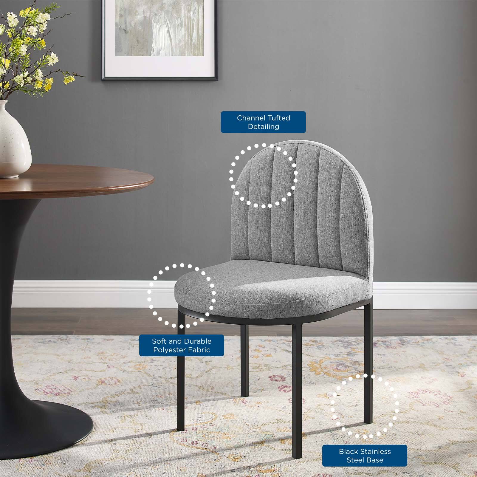 - Channel Tufted Detailing
- Soft and Durable Polyester Fabric
- Black Stainless Steel Base