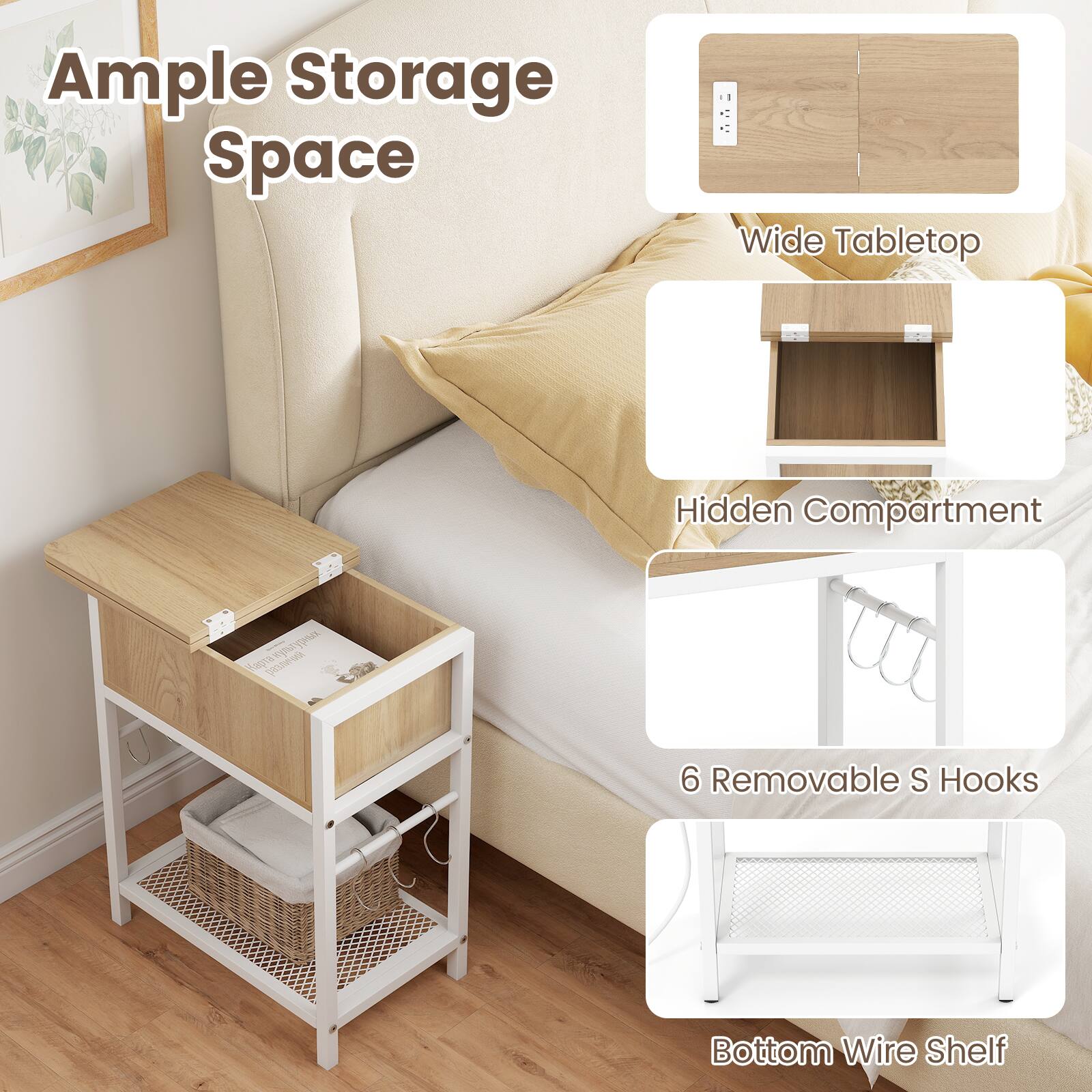 Ample Storage Space  
Wide Tabletop  
Hidden Compartment  
6 Removable S Hooks  
Bottom Wire Shelf
