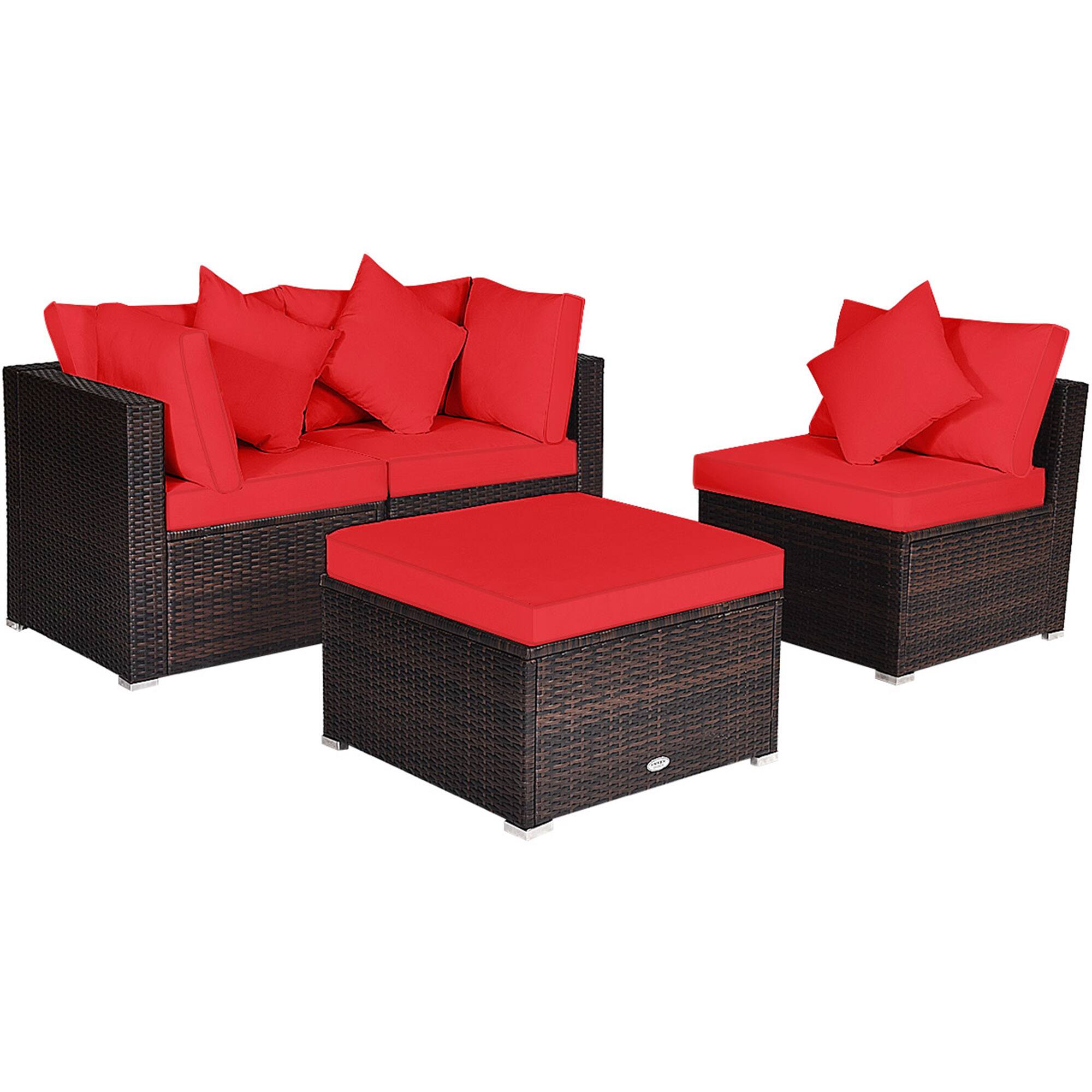 Alt View 4. Gymax - Gymax 4PCS Rattan Patio Conversation Furniture Set Yard Outdoor w/ Red Cushion - Red.