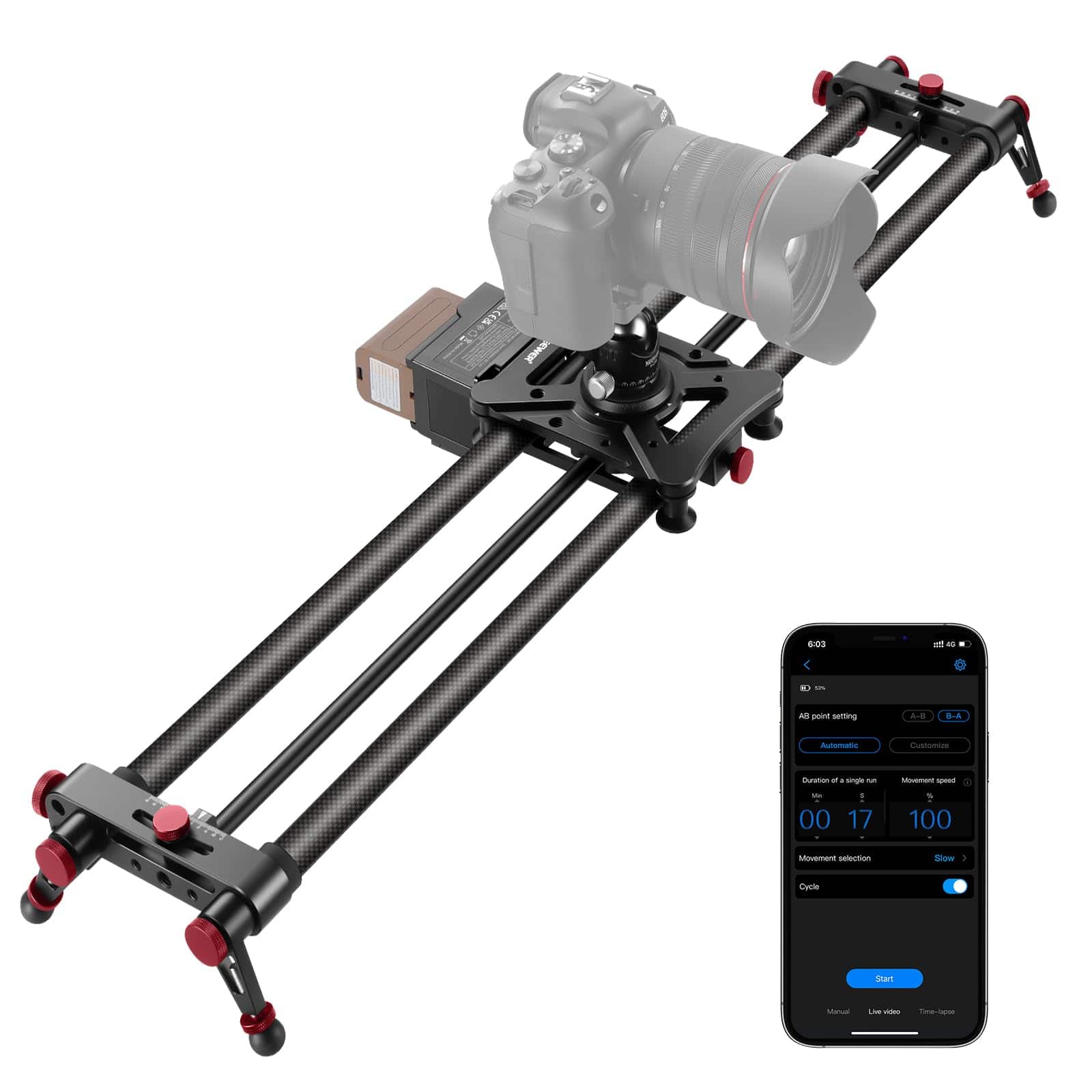 Neewer - 31.5" Motorized Camera Slider - Carbon Fiber Rail with App Control for Video & Timelapse