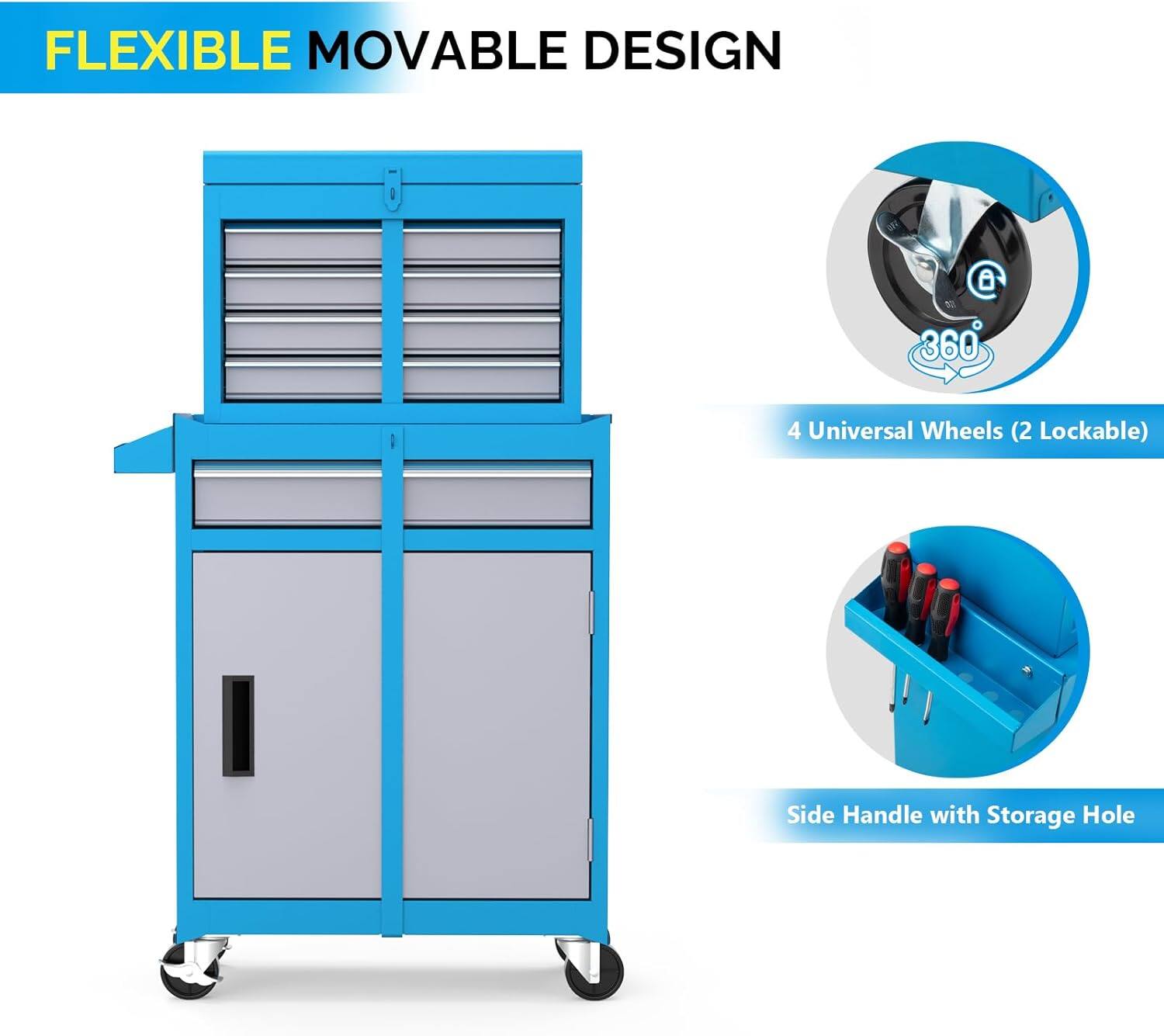 FLEXIBLE MOVABLE DESIGN

- 4 Universal Wheels (2 Lockable)
- Side Handle with Storage Hole