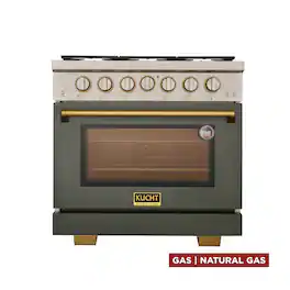 Kucht - 36 in. 5.2 cu. ft. Natural Gas Range and Convection Oven in Olive Green with gold handle and True Simmer Burners - Olive Green