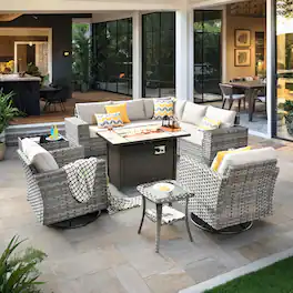 Ovios - 10 PCS Patio Furniture Set Rattan Sectional Sofa with Swivel Chairs, Coffee Table and 42" Fire Pit Table - Beige