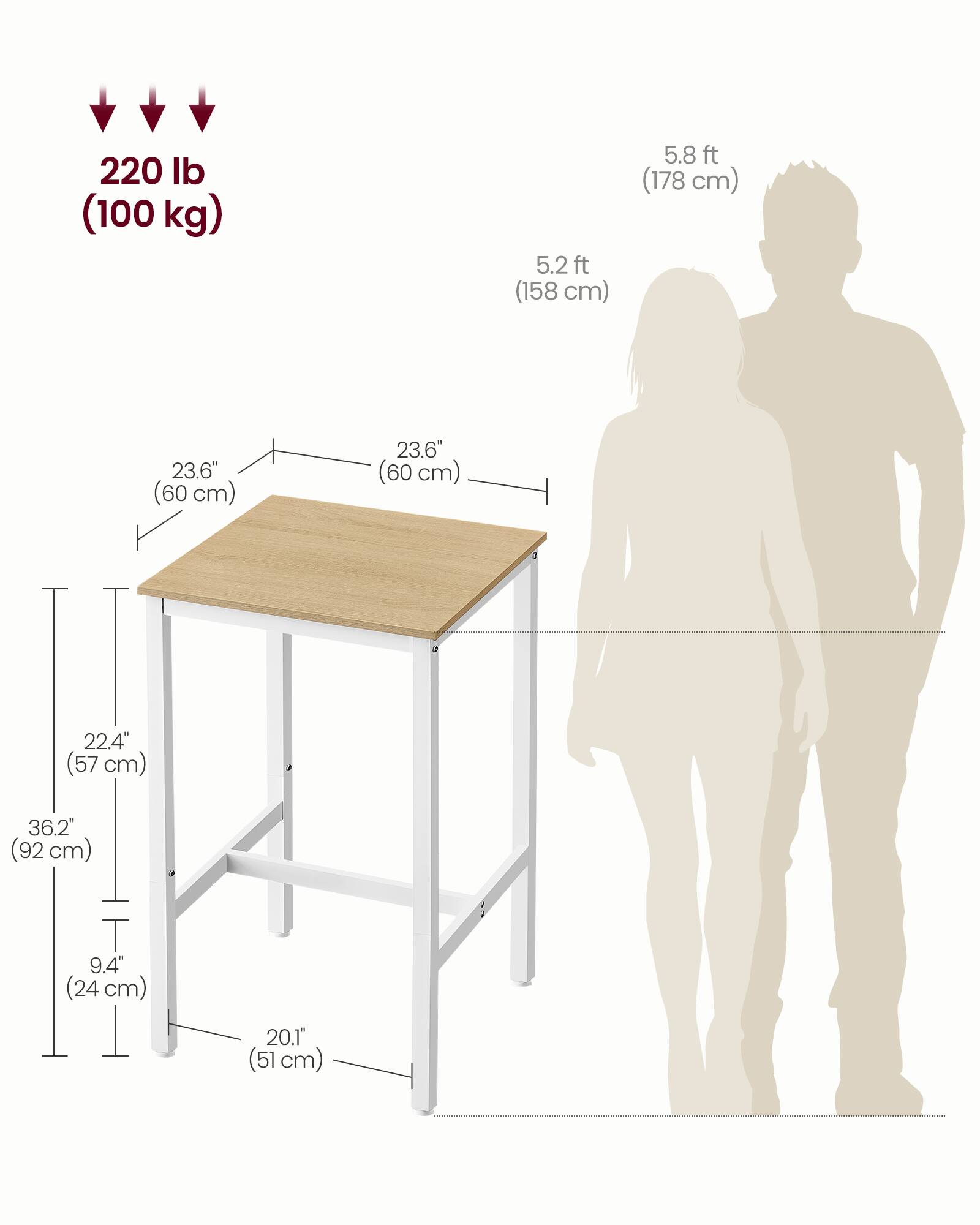220 lb (100 kg)  
5.2 ft (158 cm)  
5.8 ft (178 cm)  
23.6" (60 cm)  
23.6" (60 cm)  
22.4" (57 cm)  
36.2" (92 cm)  
9.4" (24 cm)  
20.1" (51 cm)