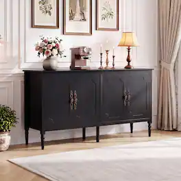 Costway - 58" Vintage Buffet Cabinet with 4 Doors & 2 Shelves, Storage, Pine Wood Legs - Black