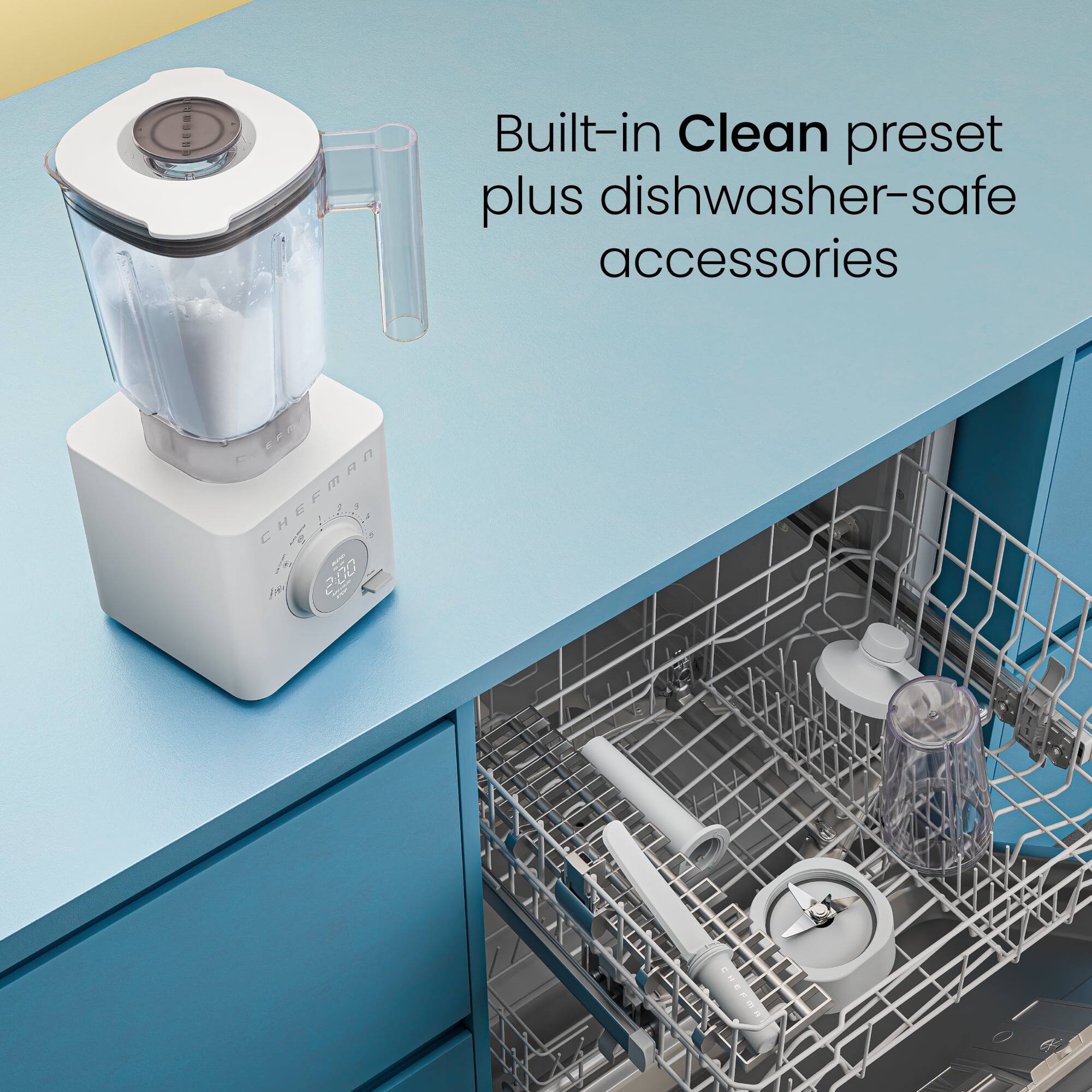 Built-in Clean preset plus dishwasher-safe accessories