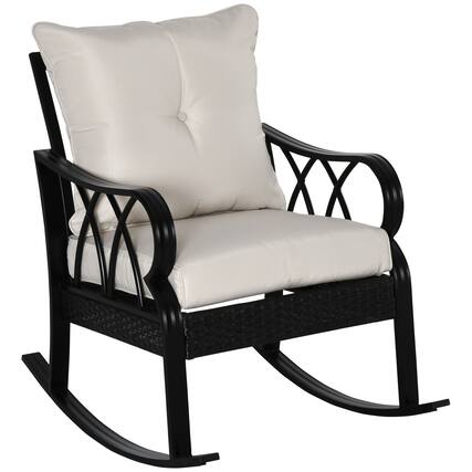 Front. Outsunny - Outdoor Wicker Rocking Chair with Padded Cushions, Aluminum Furniture Rattan Porch Rocker Chair w/ Armrest - Khaki.