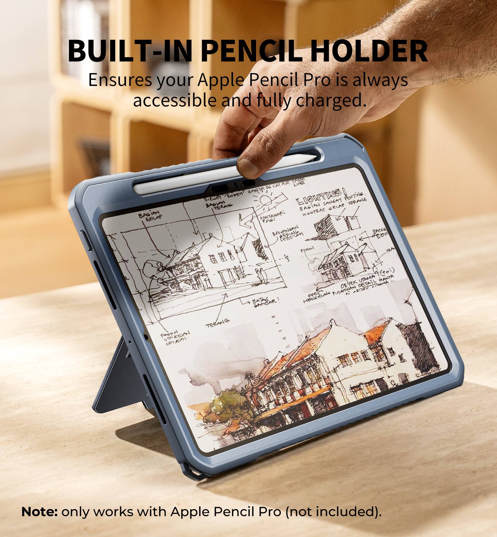 BUILT-IN PENCIL HOLDER  
Ensures your Apple Pencil Pro is always accessible and fully charged.  

Note: only works with Apple Pencil Pro (not included).