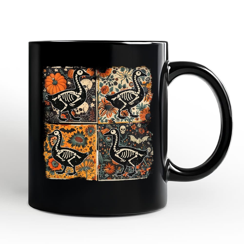 OrnamentallyYou - Skeleton Goose Patchwork Mug, Floral Halloween Gift - Black