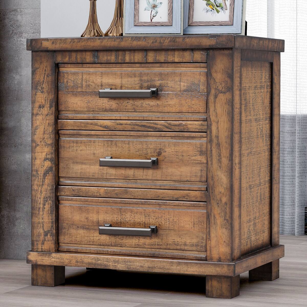 Angle. Loheer - Loheer Three Drawer Nightstand Reclaimed Pine Wood Farmhouse Bedside Table - Natural.