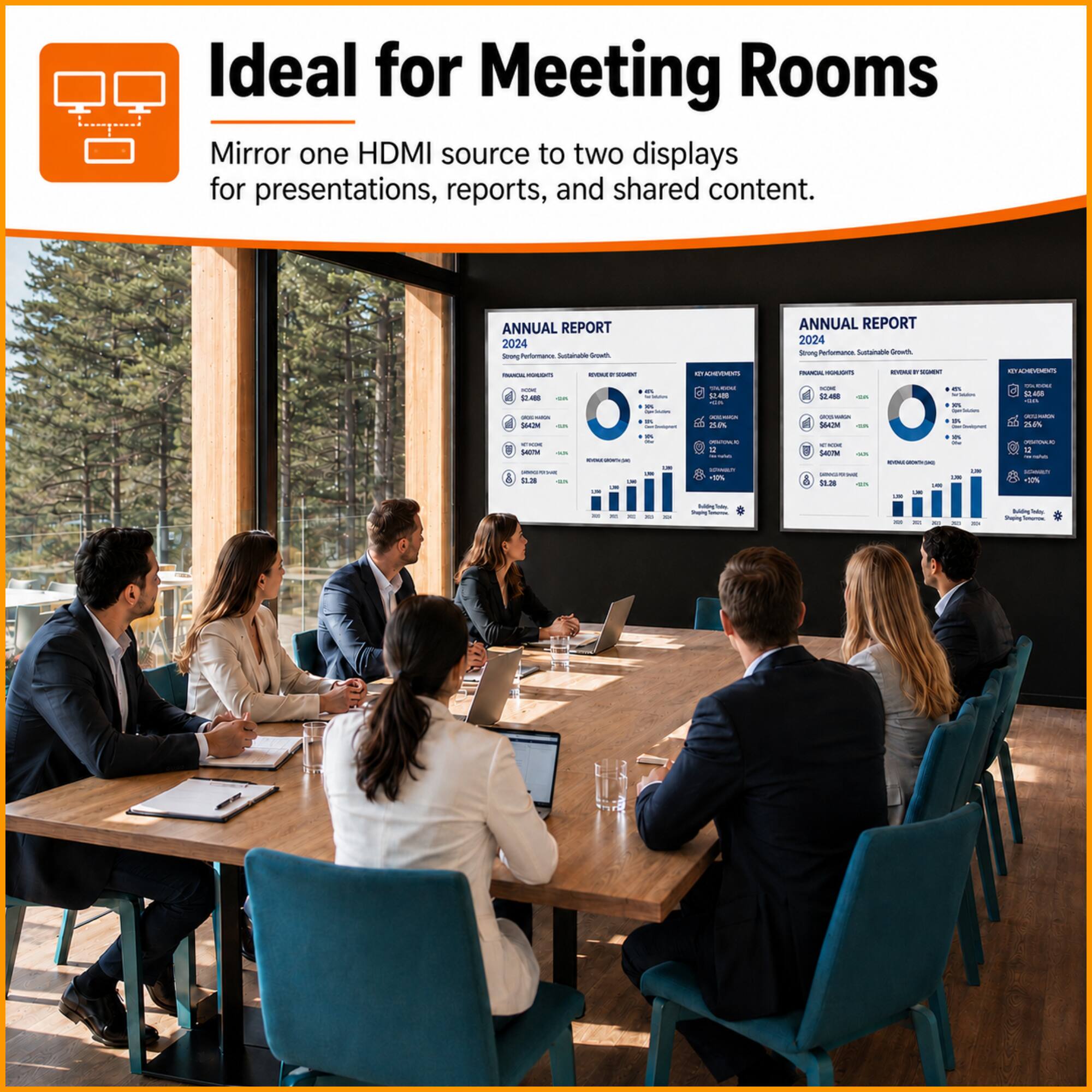Ideal for Meeting Rooms  
Mirror one HDMI source to two displays for presentations, reports, and shared content.  

ANNUAL REPORT 2024 - Petturancs  
ANNUAL REPORT 2024 - Ptumanes