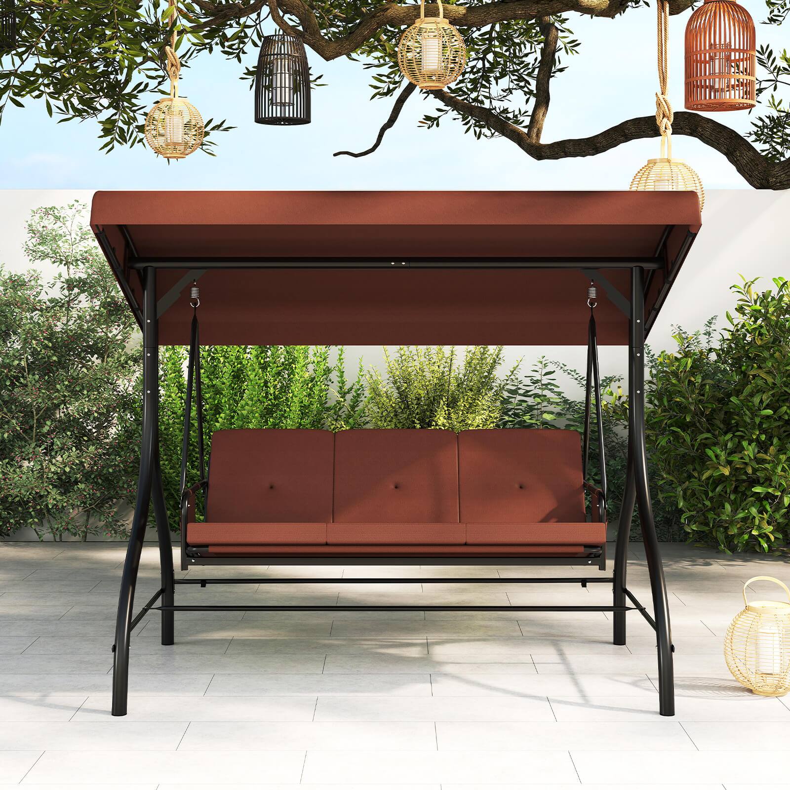 Alt View 3. Costway - Costway 3-Seat Patio Swing with Canopy with Removable Cushions & Side Pockets Stand - Brown.