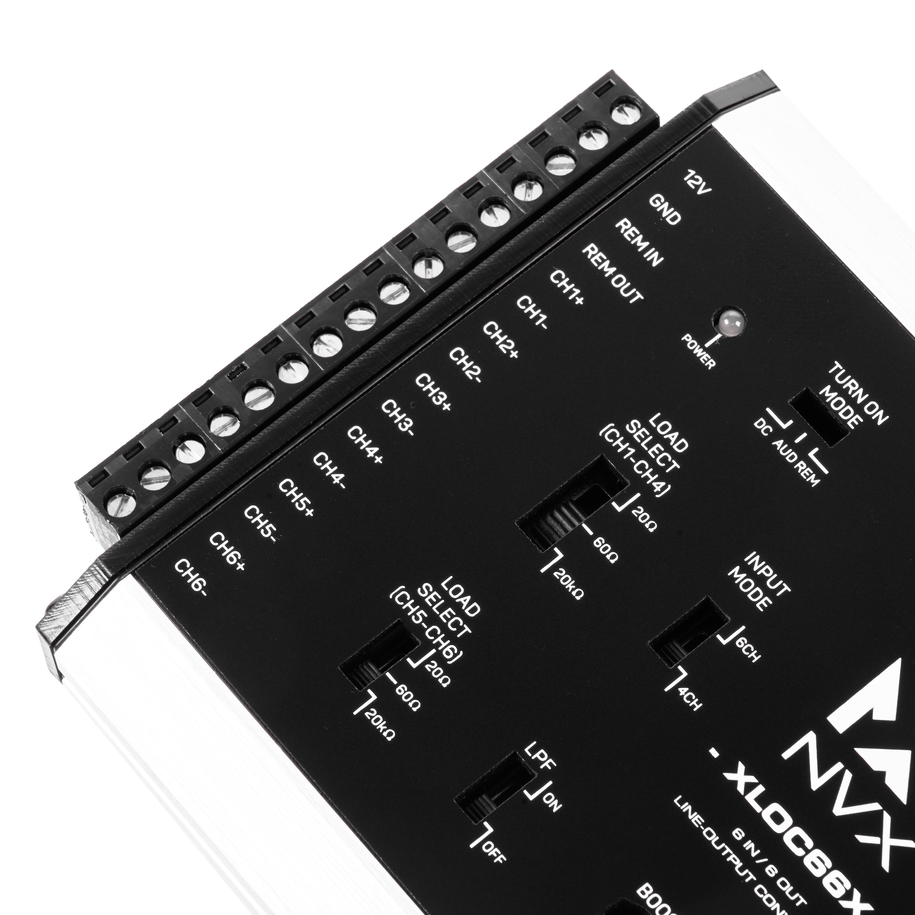 12V  
GND  
REM IN  
REM OUT  
CH1+  
CH1-  
CH2+  
CH2-  
POWER  
TURN ON  
MODE  
CH3+  
CH3-  
LOAD DC  
CH4+  
CH4-  
SELECT  
CH5+  
CH5-  
CH6+  
CH6-  
LOAD 20kΩ  
MODE  
INPUT SELECT  
6CH  
4CH  
LPF  
ON/OFF  
LINE-OUTPUT  
6 IN/8 OUT  
XLOC66X  
NVCX