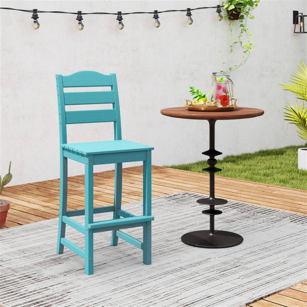Back. Kadyn - Kitchen Counter Bar Chairs, Bar Stools,30 Inches Counter Height HDPE Bar Stool with Backrest and Footrest-Turquoise - Blue.