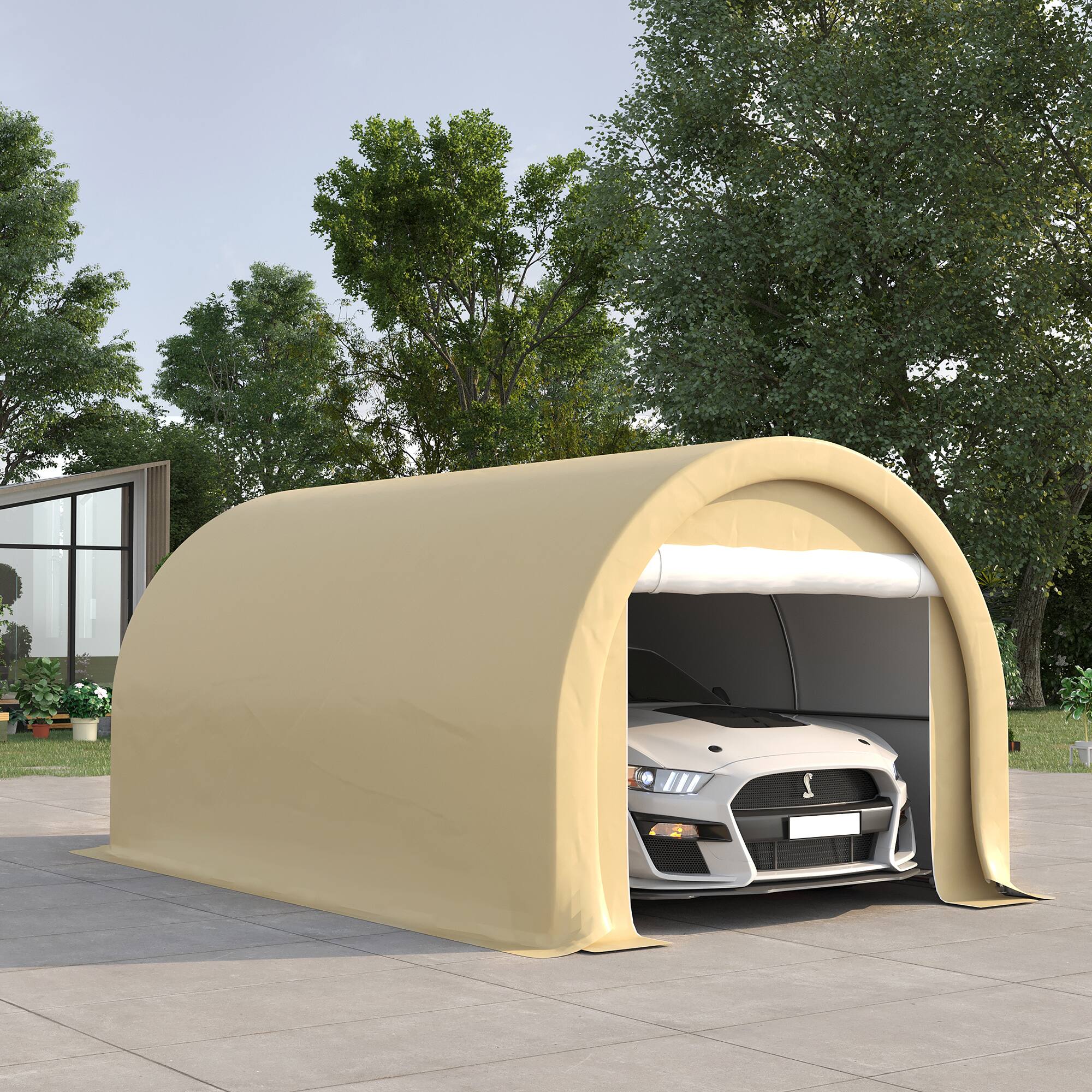 Alt View 1. Outsunny - 10' x 16' Carport, Heavy Duty Portable Garage Storage Tent with Large Zippered Door, Anti-UV PE Canopy Cover - Beige.