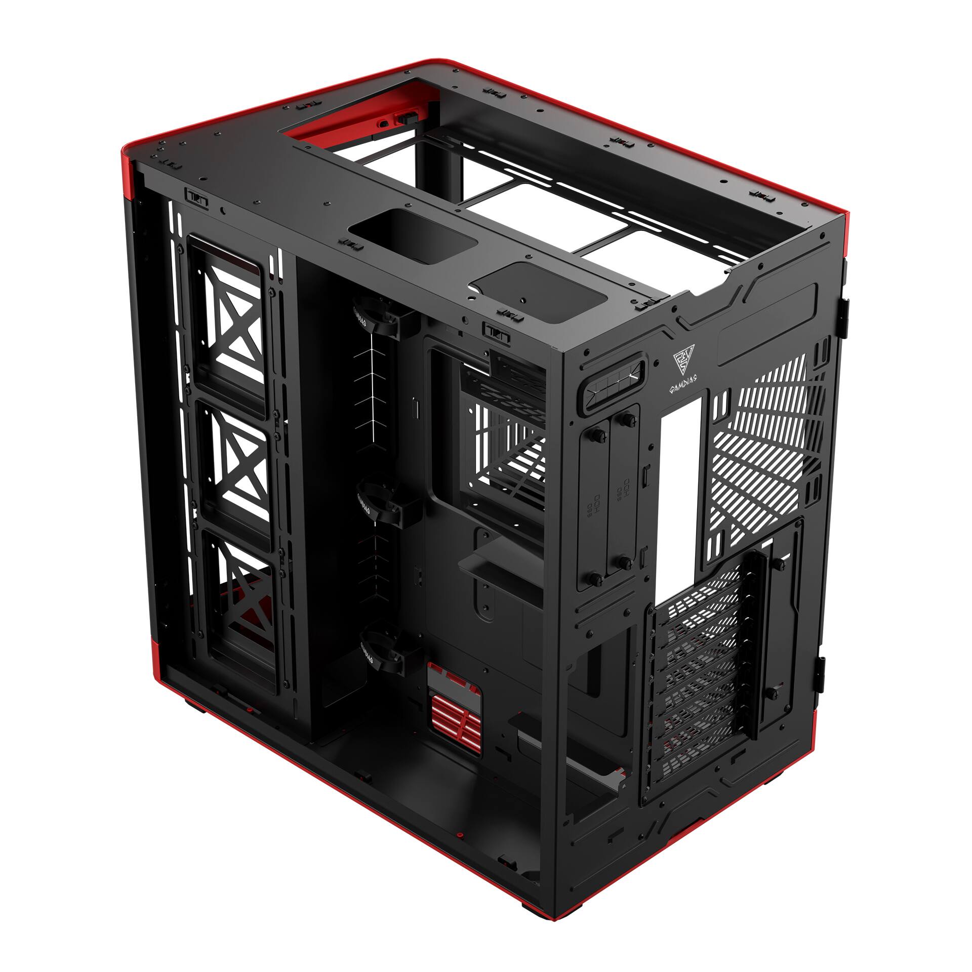 Alt View 4. GAMDIAS - NESO P1 BR Dual Chamber trapezoidal form factor, horizontal or vertical orientation, Fits GPU 426mm. - Red, black interior.