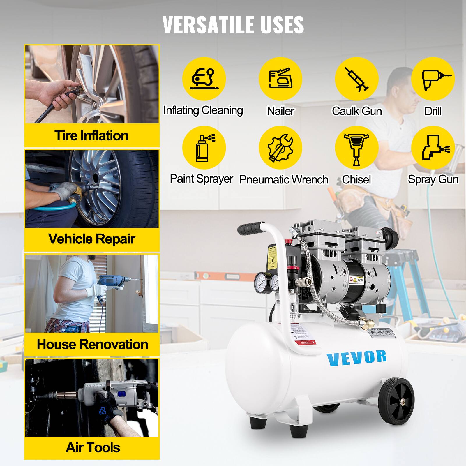 VERSATILE USES

- Inflating Cleaning
- Nailer
- Caulk Gun
- Drill
- Tire Inflation
- Paint Sprayer
- Pneumatic Wrench
- Chisel
- Spray Gun
- Vehicle Repair
- House Renovation

84

VEVOR

Air Tools