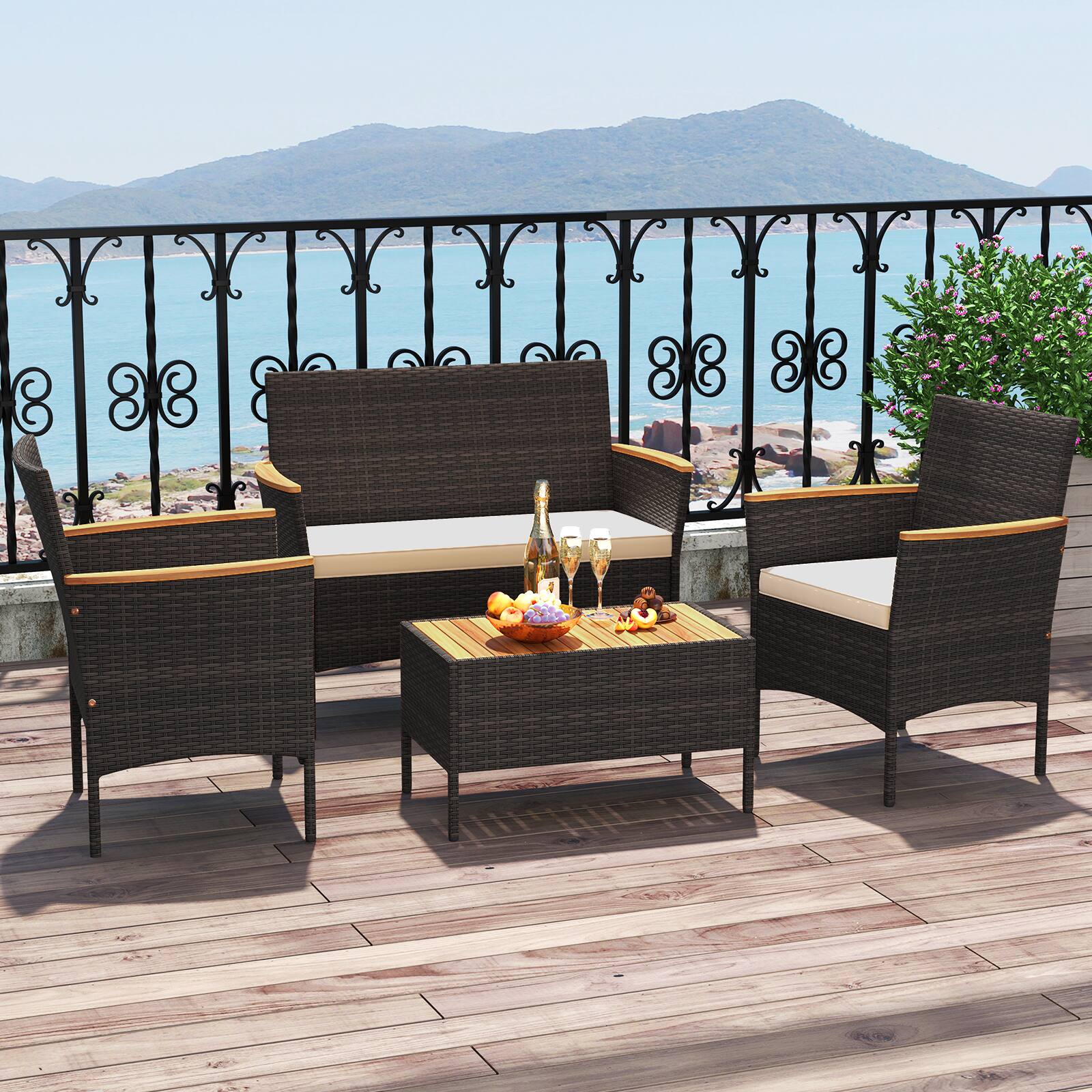 Alt View 8. Ecooso - 4-Piece Patio Wicker Sofa Set with Chairs and Coffee Table - Brown.