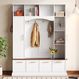 Whisen - 4-in-1 Hall Tree,Entryway Coat Rack with Storage Bench,Shoe Cabinet,Handles and Adjustable Shelves - White
