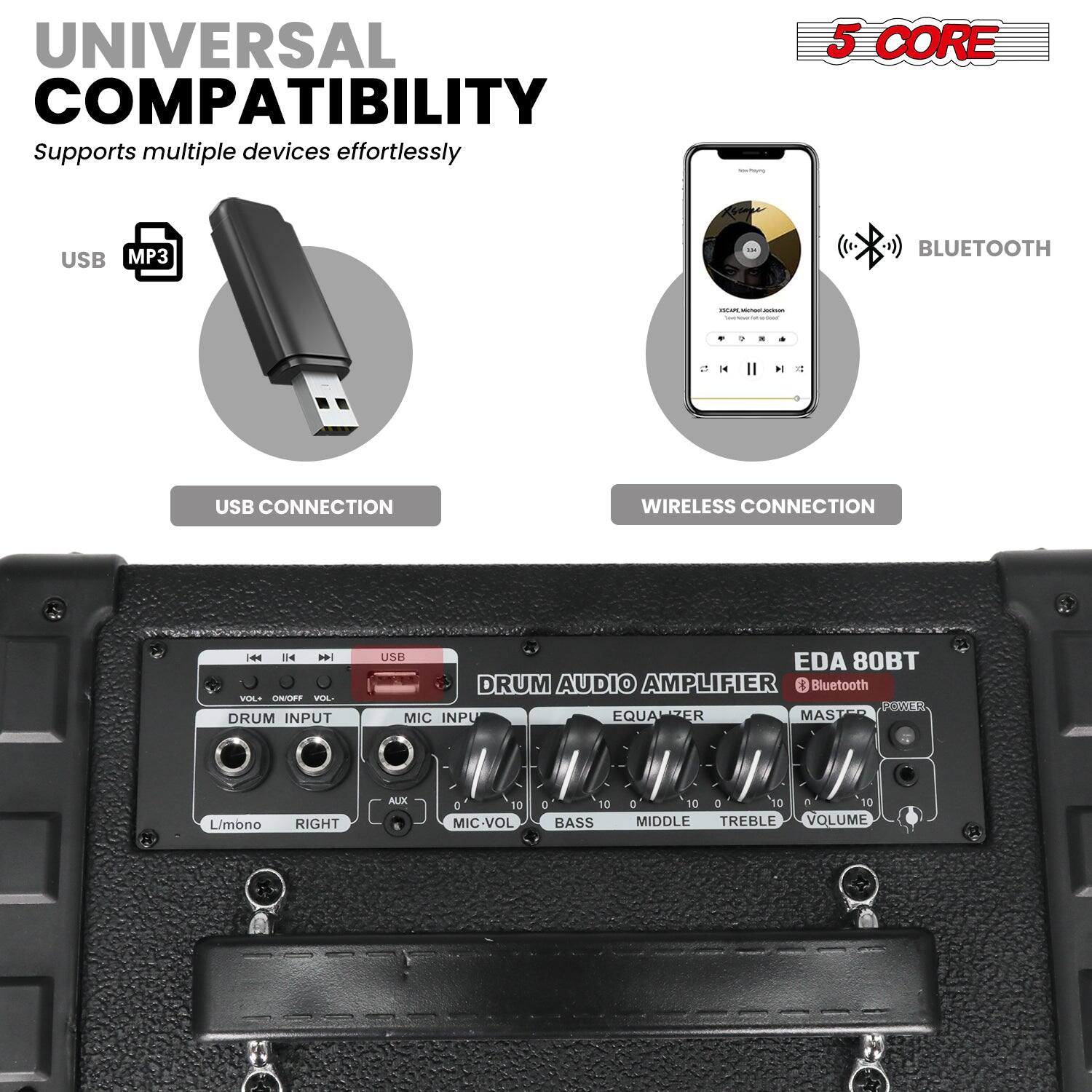 **UNIVERSAL COMPATIBILITY**  
Supports multiple devices effortlessly

**USB CONNECTION**  
USB MP3

**WIRELESS CONNECTION**  
BLUETOOTH

**5 CORE**

**DRUM AUDIO AMPLIFIER**  
EDA 80BT  
Bluetooth

- DRUM INPUT
- MIC INPUT
- AUX
- VOLUME
- BASS
- MIDDLE
- TREBLE
- MASTER
- POWER

**VOL**  
**MIC-VOL**  
**L/MONO**  
**RIGHT**