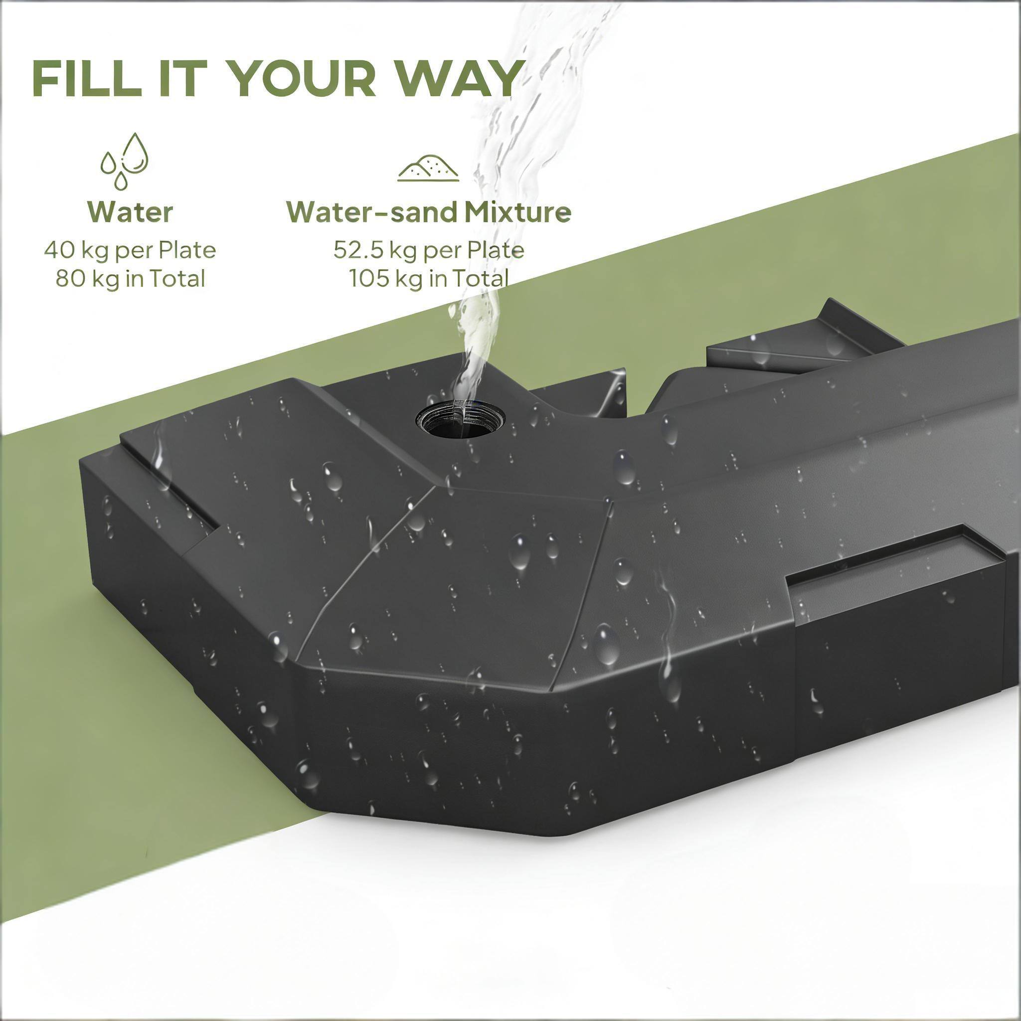 FILL IT YOUR WAY

Water
40 kg per Plate
80 kg in Total

Water-sand Mixture
52.5 kg per Plate
105 kg in Total