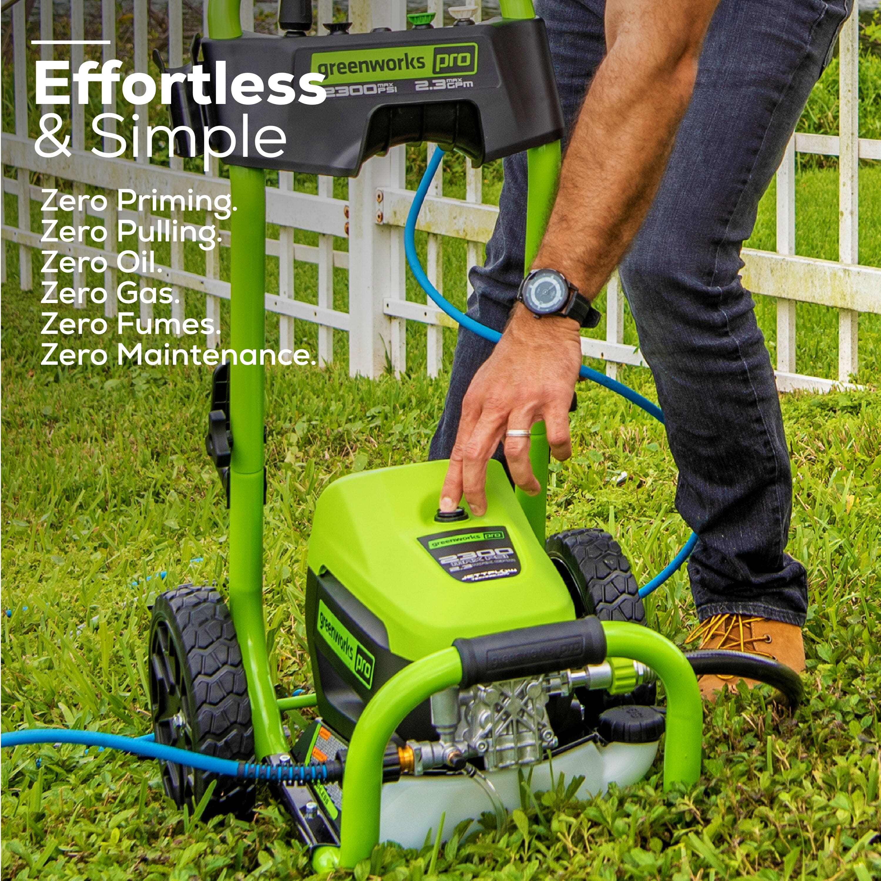 The text on the image reads: "Effortless & Simple. Zero Priming. Zero Pulling. Zero Oil. Zero Gas. Zero Fumes. Zero Maintenance. Greenworks Pro 2300PSI Pressure Washer."