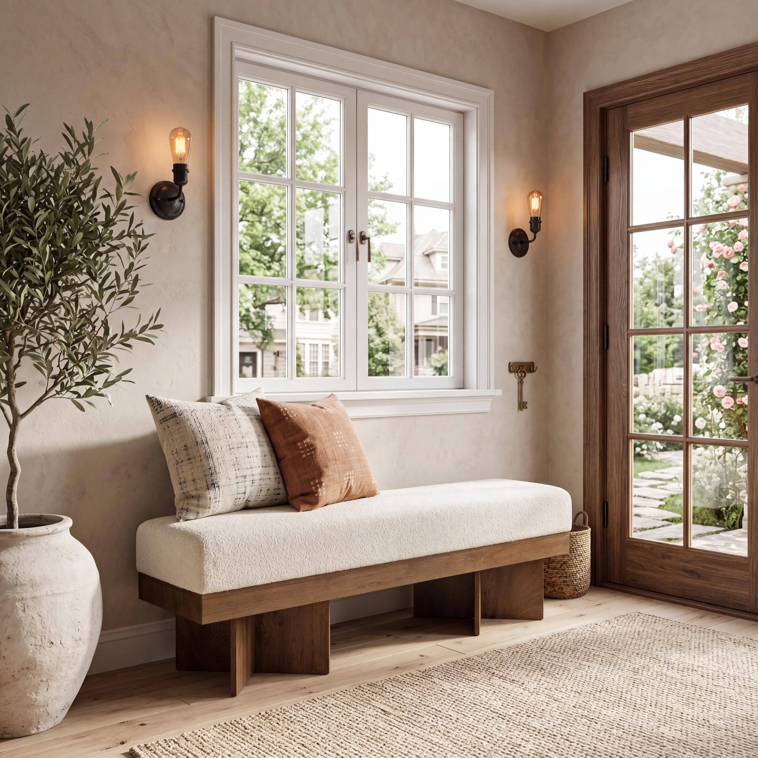 Alt View 4. Tribesigns - LITTLE TREE 55" Entryway Bench with Faux Lamb Wool, Upholstered Bench with X-Legs, for Living Room, Bedroom, or Foyer (W - White and Light Walnut.