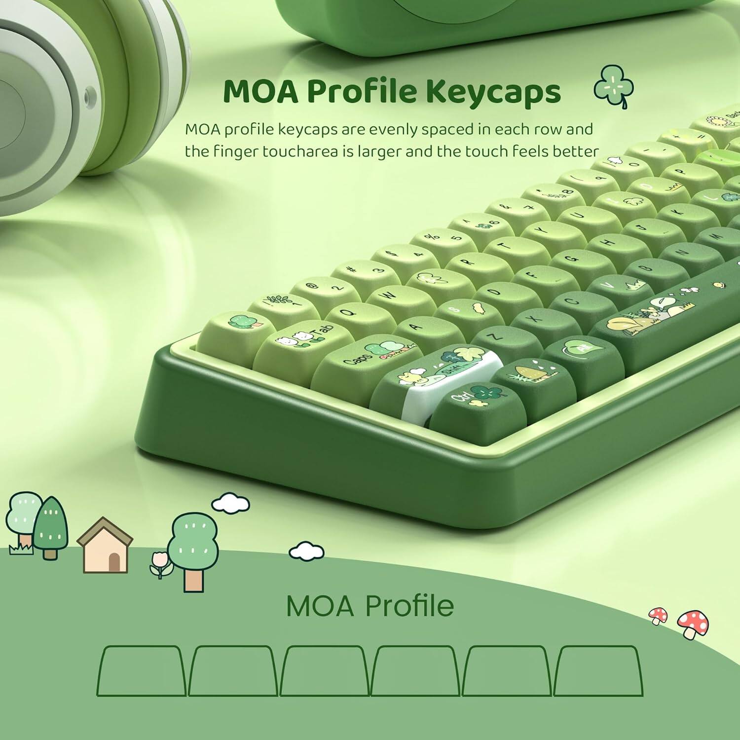 MOA Profile Keycaps

MOA profile keycaps are evenly spaced in each row and the finger touch area is larger and the touch feels better.