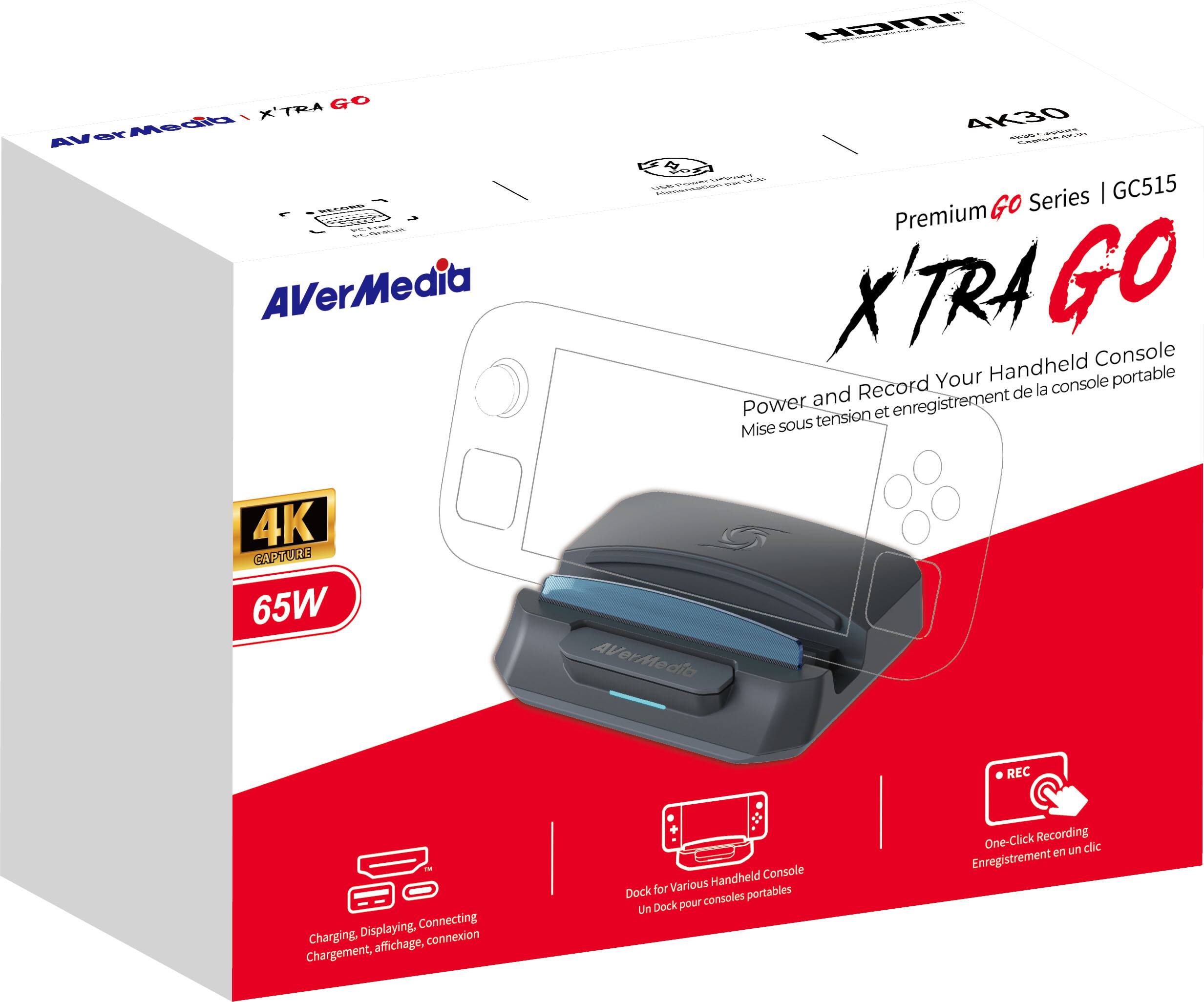 Hani K'TRA GO / B Medib AV - m - AVerMedia 4K30 n n - - - C. Ca - n - not Series I GC515 Premium GO X'TRA GO Handheld Console Record Your la console portable and de Power tension et enregistrement Mise sous 4K CAPTURE 65W AVerMedia REC Displaying, Connecting Charging, aftichage, connexion Chargement, Handheld Console Dock for Various consoles portables Un Dock pour One-Click Recording et un clic Enregistrement
