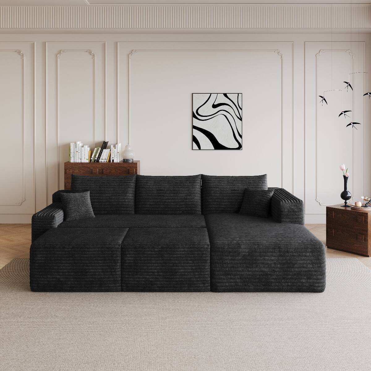 Alt View 2. Ropilly - Ropilly 95 Inch U Shaped Sectional Sofa Black Corduroy Upholstered Couch with 2 Ottomans No Assembly - Black.