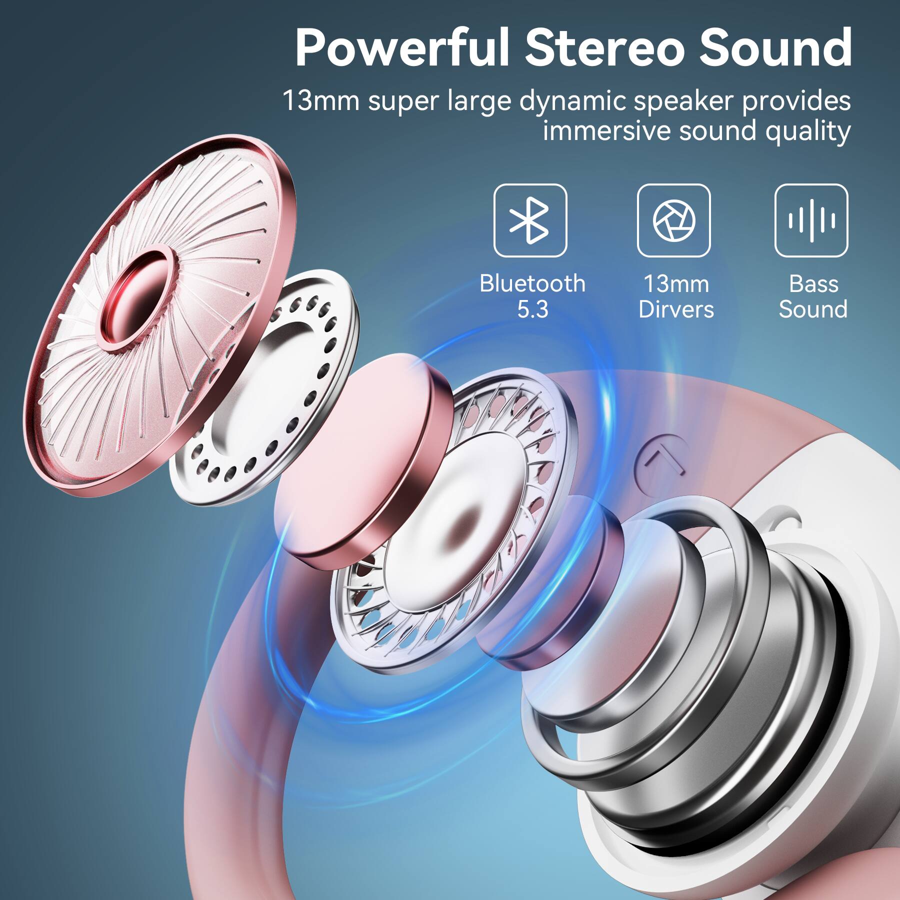 Powerful Stereo Sound  
13mm super large dynamic speaker provides immersive sound quality  

Bluetooth 5.3  
13mm Drivers  
Bass Sound