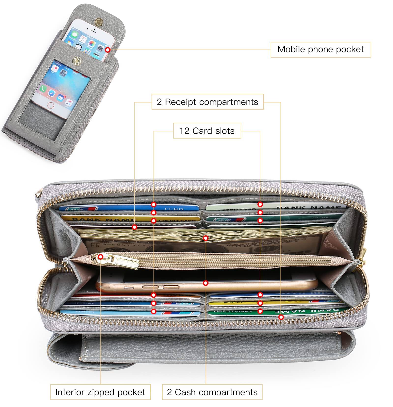 - Mobile phone pocket
- 2 Receipt compartments
- 12 Card slots
- Interior zipped pocket
- 2 Cash compartments