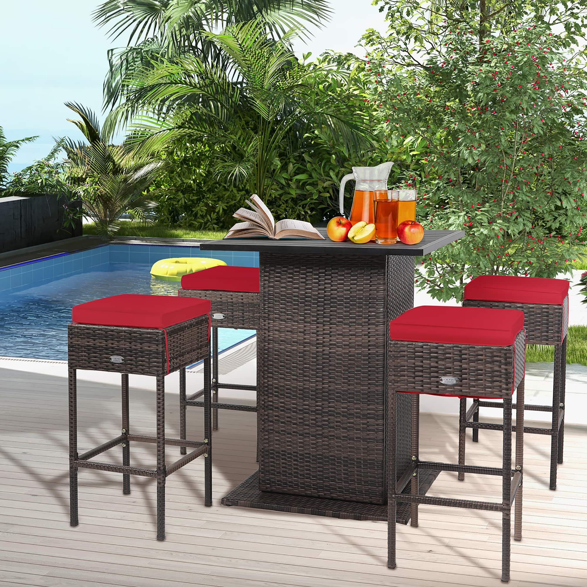 Gymax - 5PCS Patio Bar Set Rattan Bar Furniture Set w/ Table & 4 Cushioned Stools - Red