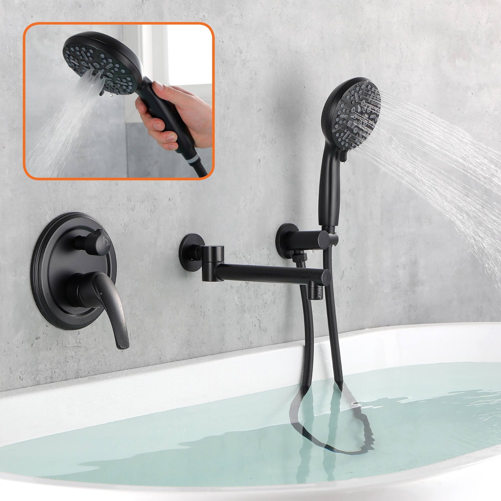 Alt View 3. Boyel Living - Matte Black Wall Mount Bathtub Faucet Brass 2-Function Valve 180° Rotating Spout 7-Function Handheld cUPC - Black.