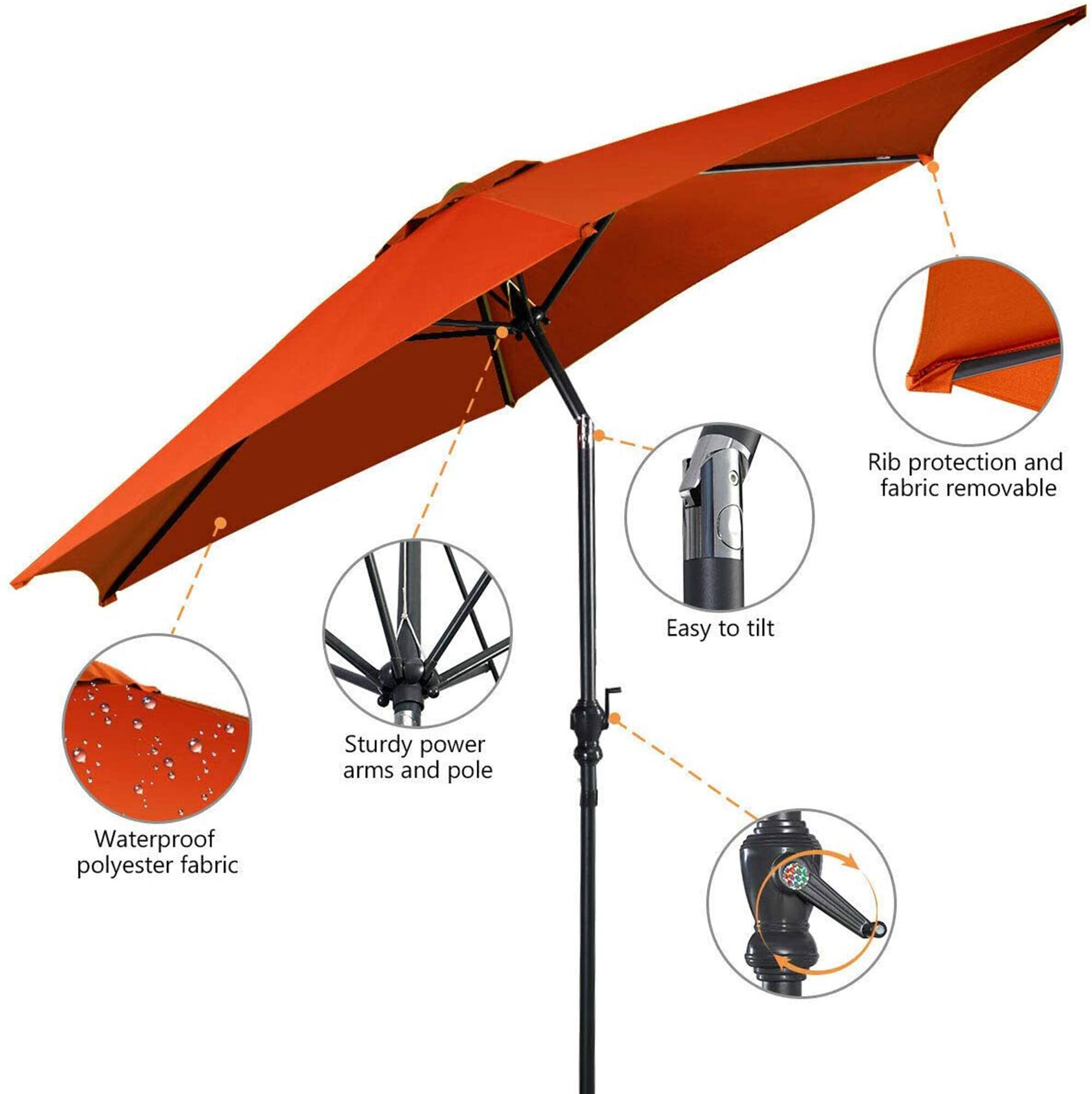 Rib protection and fabric removable
Sturdy power arms and pole
Easy to tilt
Waterproof polyester fabric