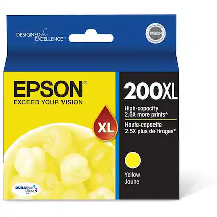 DESIGNED FOR EXCELLENCE
EPSON
EXCEED YOUR VISION
200XL
High-capacity 2.5X more prints*
Haute-capacité 2.5X plus de tirages*
DURABrite Ultra INK
Yellow Jaune