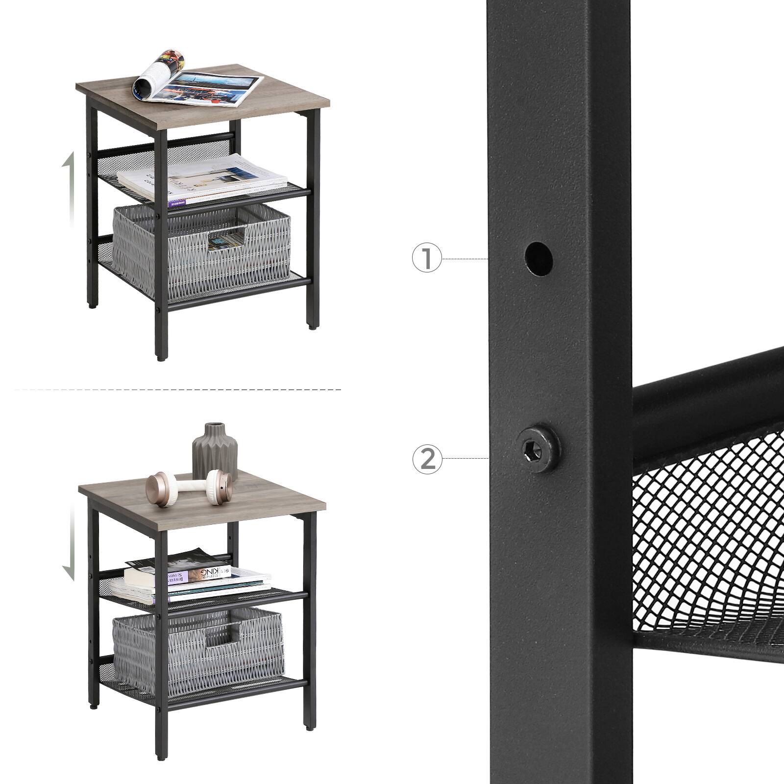 Alt View 1. Songmics Home - Nightstand, Set of 2 Side Tables, End Tables with Mesh Shelf - Greige and Black.