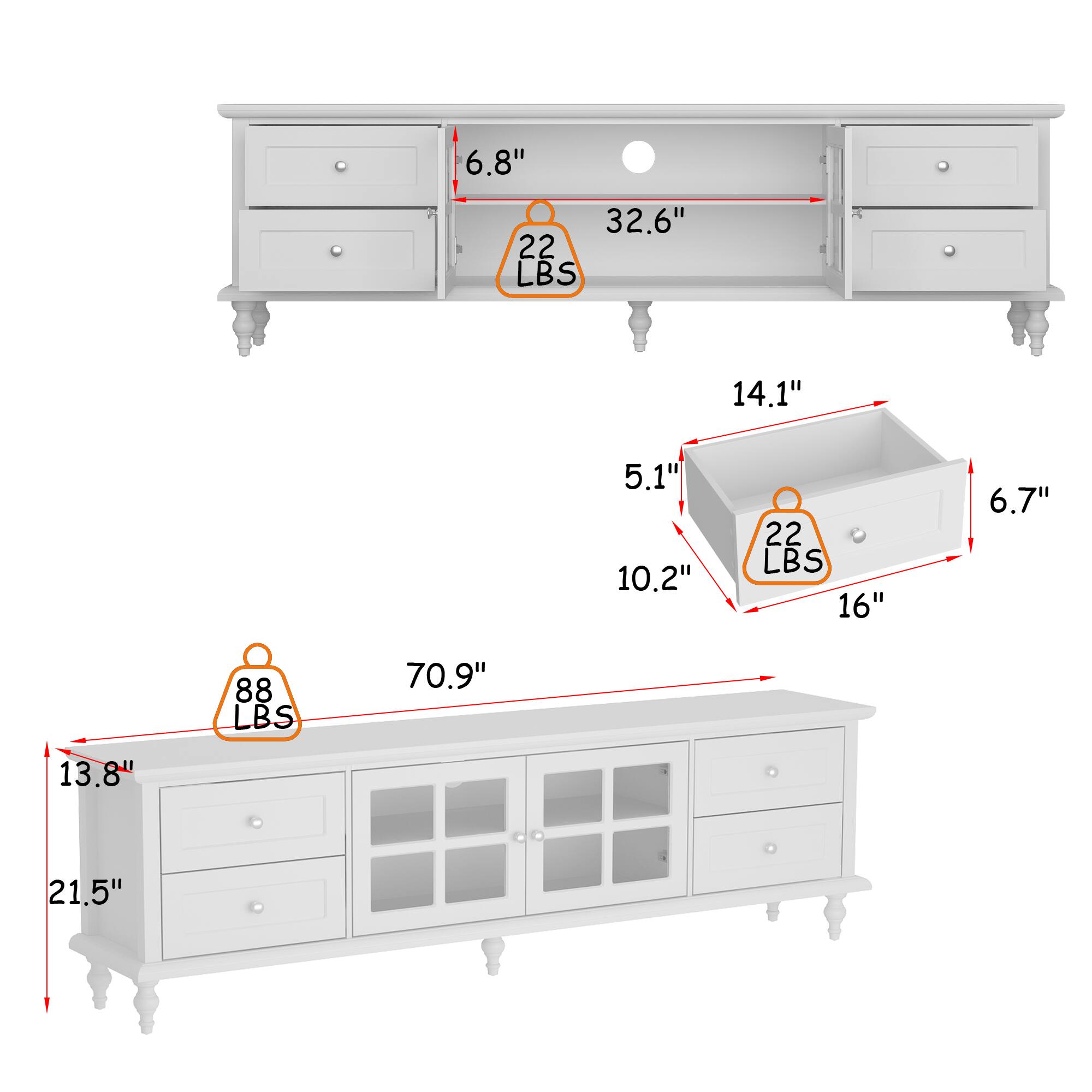 The text on the image reads:

6.8" 32.6" 22 LBS 14.1" 5.1" 10.2" 22 LBS 16" 6.7" 88 LBS 70.9" 13.8" 21.5"

The text is grouped as follows:

6.8" 32.6" 22 LBS 14.1" 5.1" 10.2" 22 LBS 16" 6.7" 88 LBS 70.9" 13.8" 21.5"