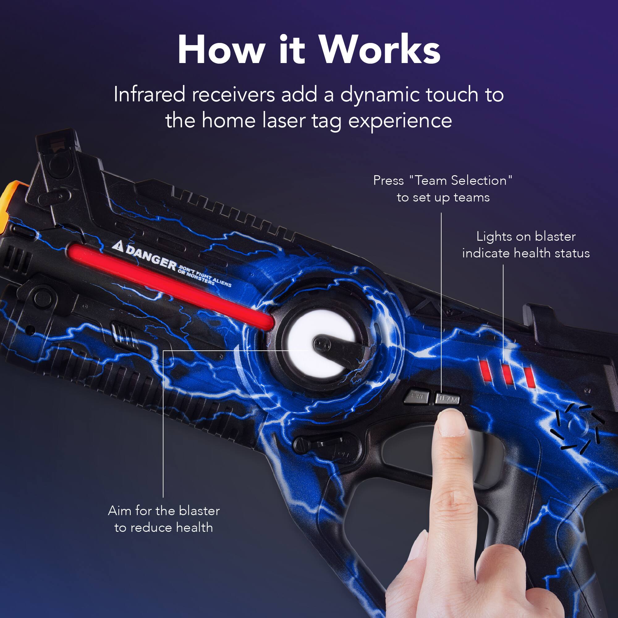 How it Works

Infrared receivers add a dynamic touch to the home laser tag experience

Press "Team Selection" to set up teams

Lights on blaster indicate health status

Aim for the blaster to reduce health