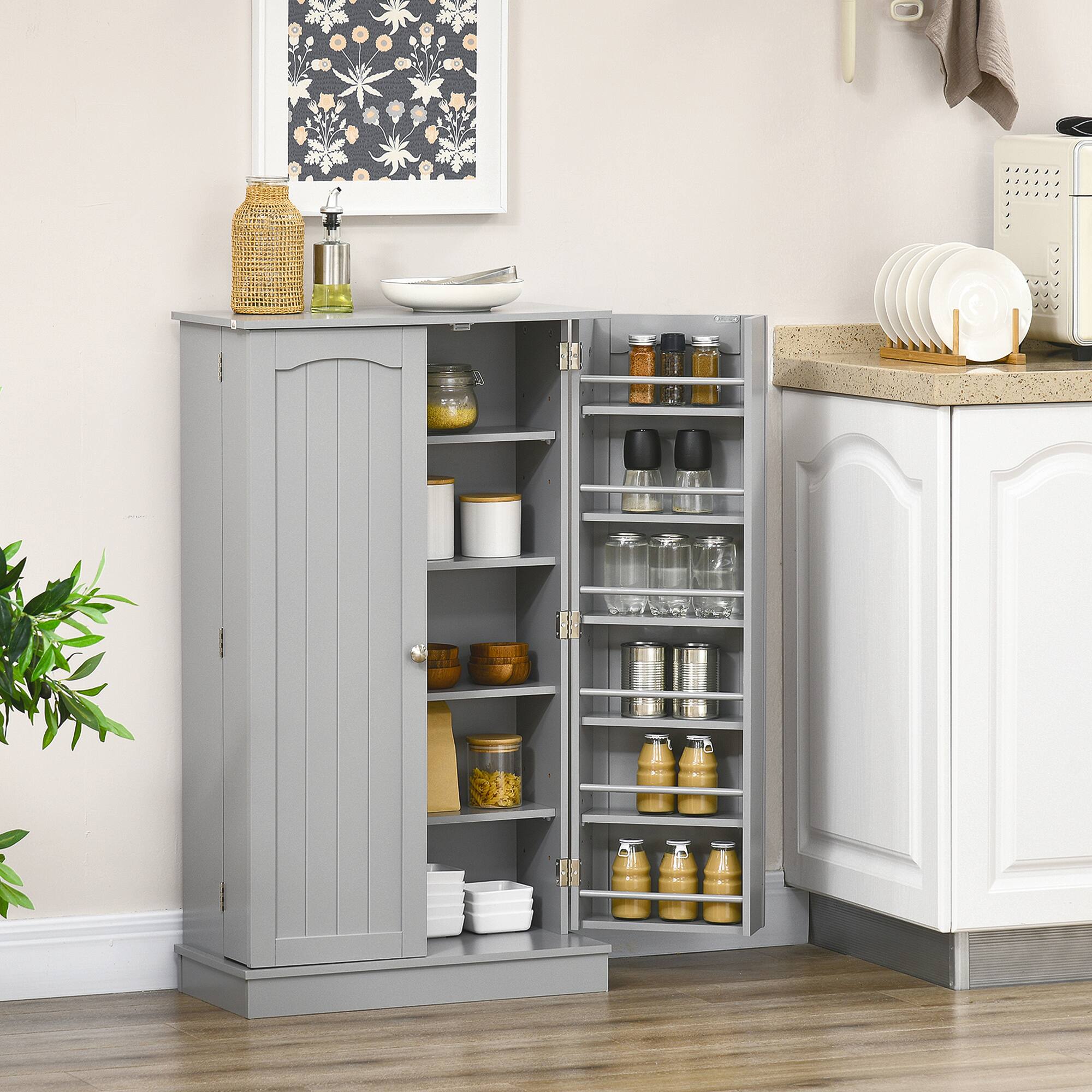 Alt View 1. Homcom - Kitchen Pantry Cabinet, Kitchen Cabinet with 12 Door Shelves, Double Doors - Grey.