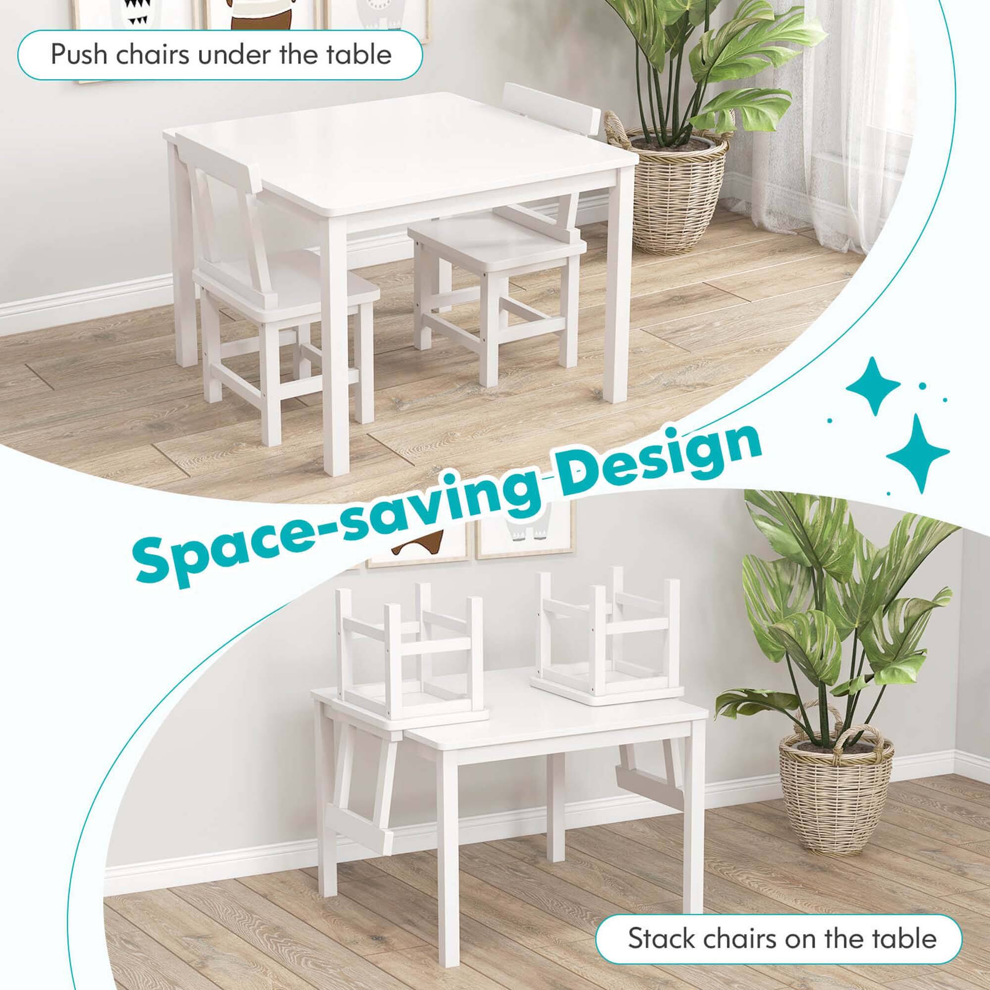 Space-saving, Push chairs under the table, Stack chairs on the table