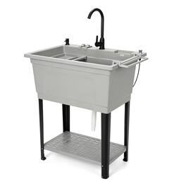 Winado - Freestanding Utility Sink with Stainless Steel Faucet, Soap Dispenser, Towel Holder, Storage Shelf, Phone Stand for Home - Gray