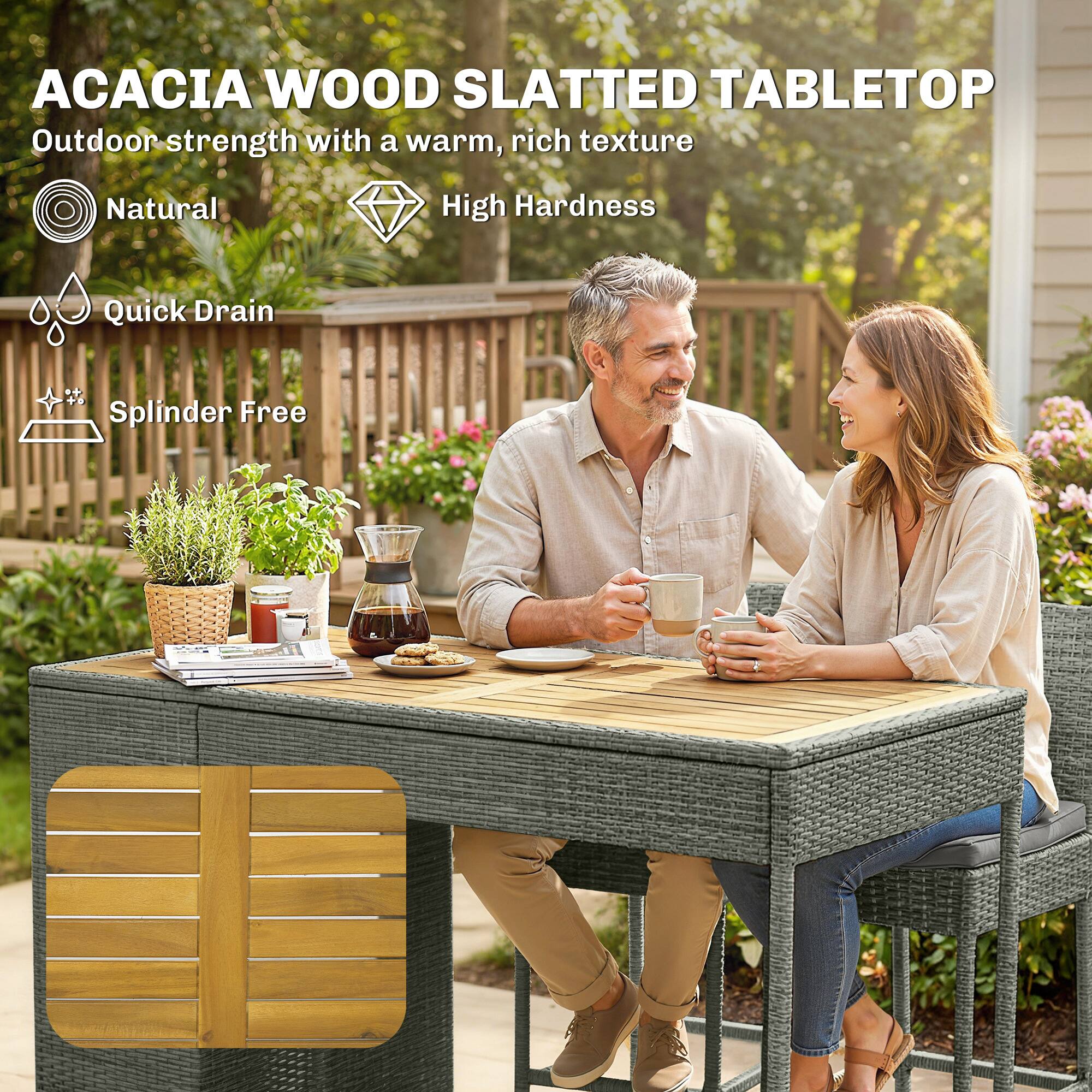 ACACIA WOOD SLATTED TABLETOP  
Outdoor strength with a warm, rich texture  
Natural  
High Hardness  
Quick Drain  
Splinter Free