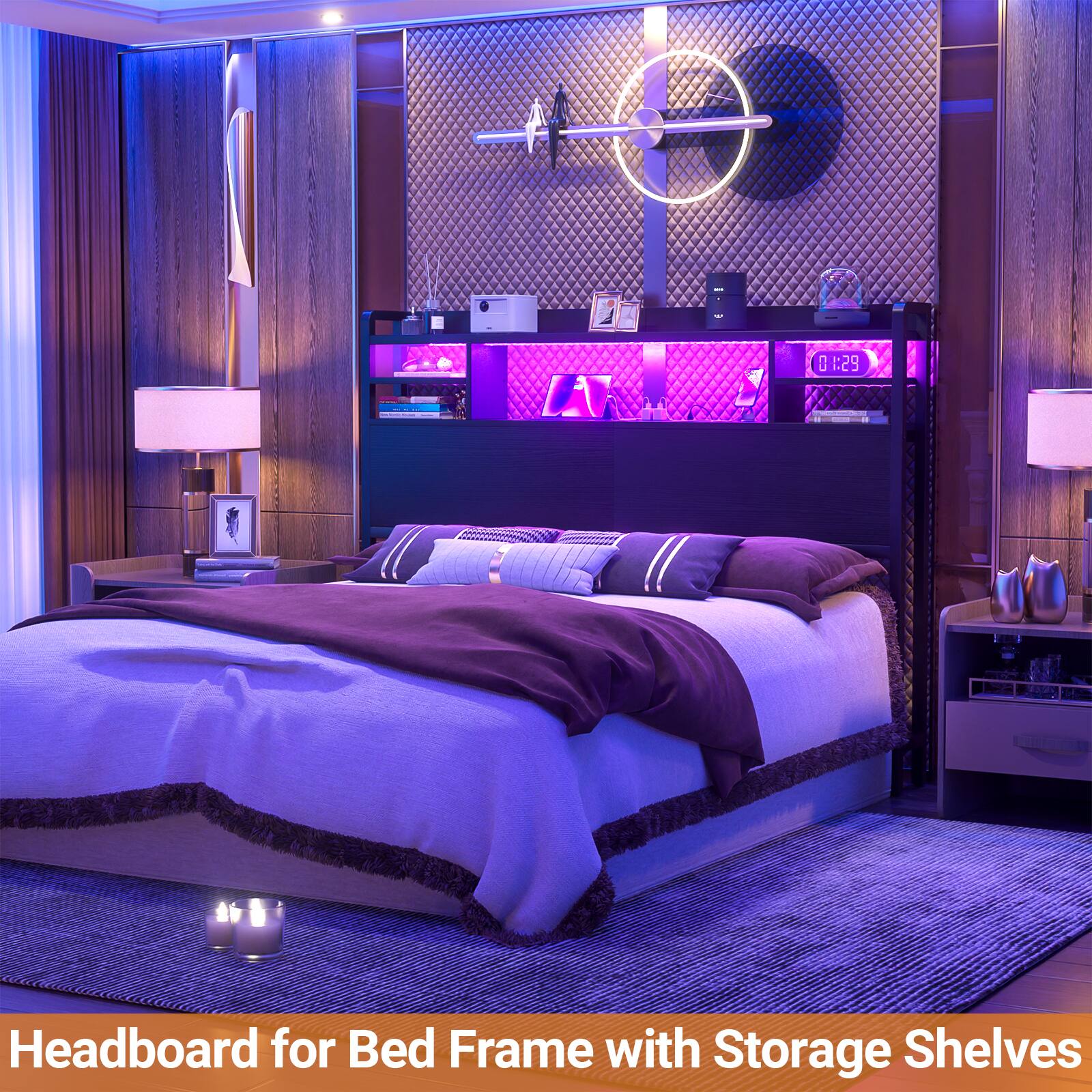Headboard for Bed Frame with Storage Shelves