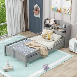 Loheer - Twin Platform Bed with LED Light Storage Headboard Wood Frame - Antique Grey