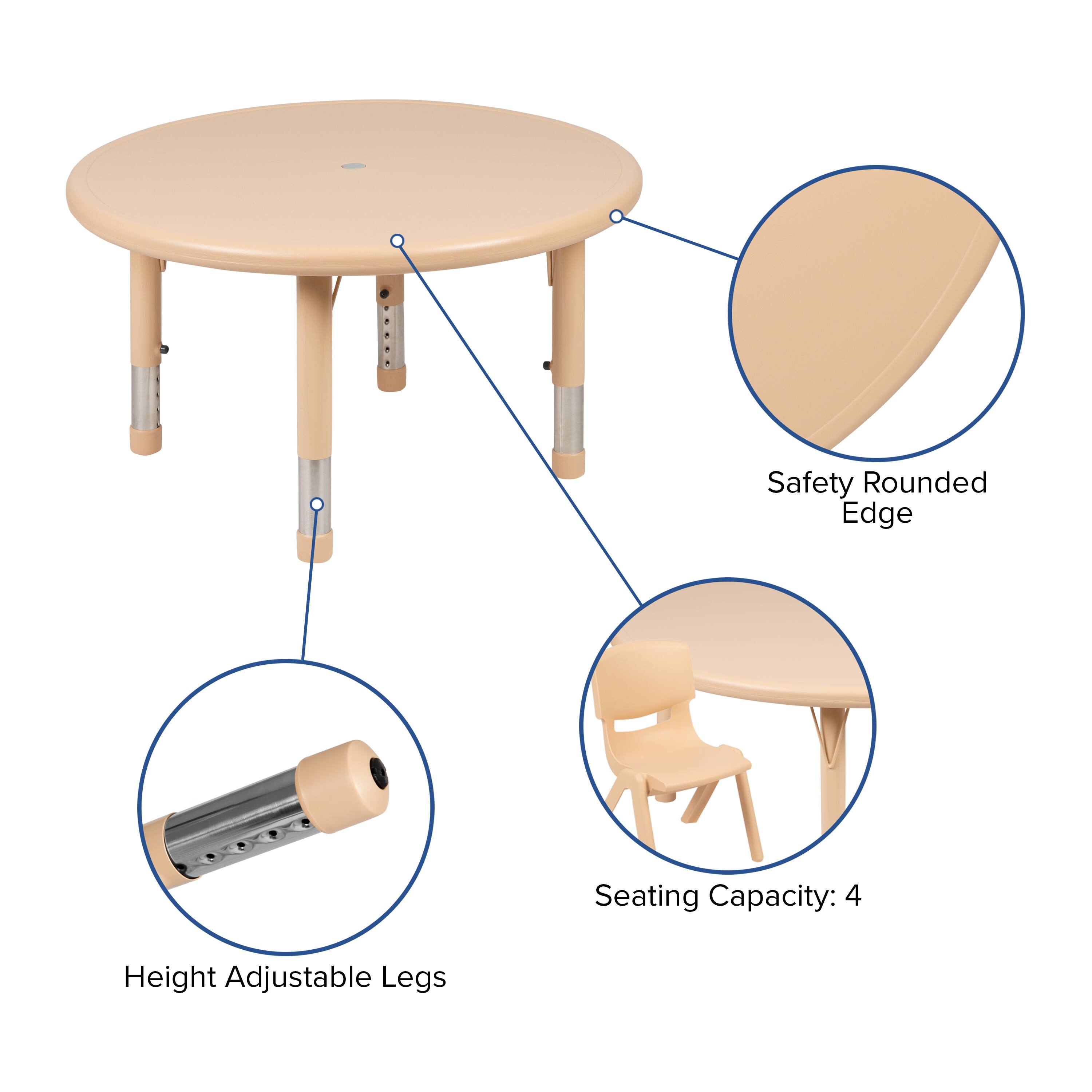 Safety Rounded Edge  
Seating Capacity: 4  
Height Adjustable Legs