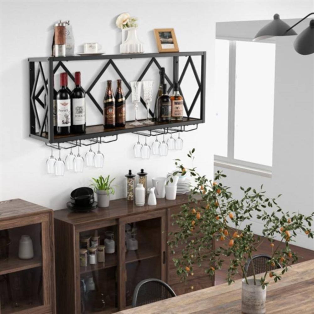 Angle. Hivvago - Industrial Rustic Brown Wood Metal Wall Mounted Wine Rack Shelf - Rustic Brown.