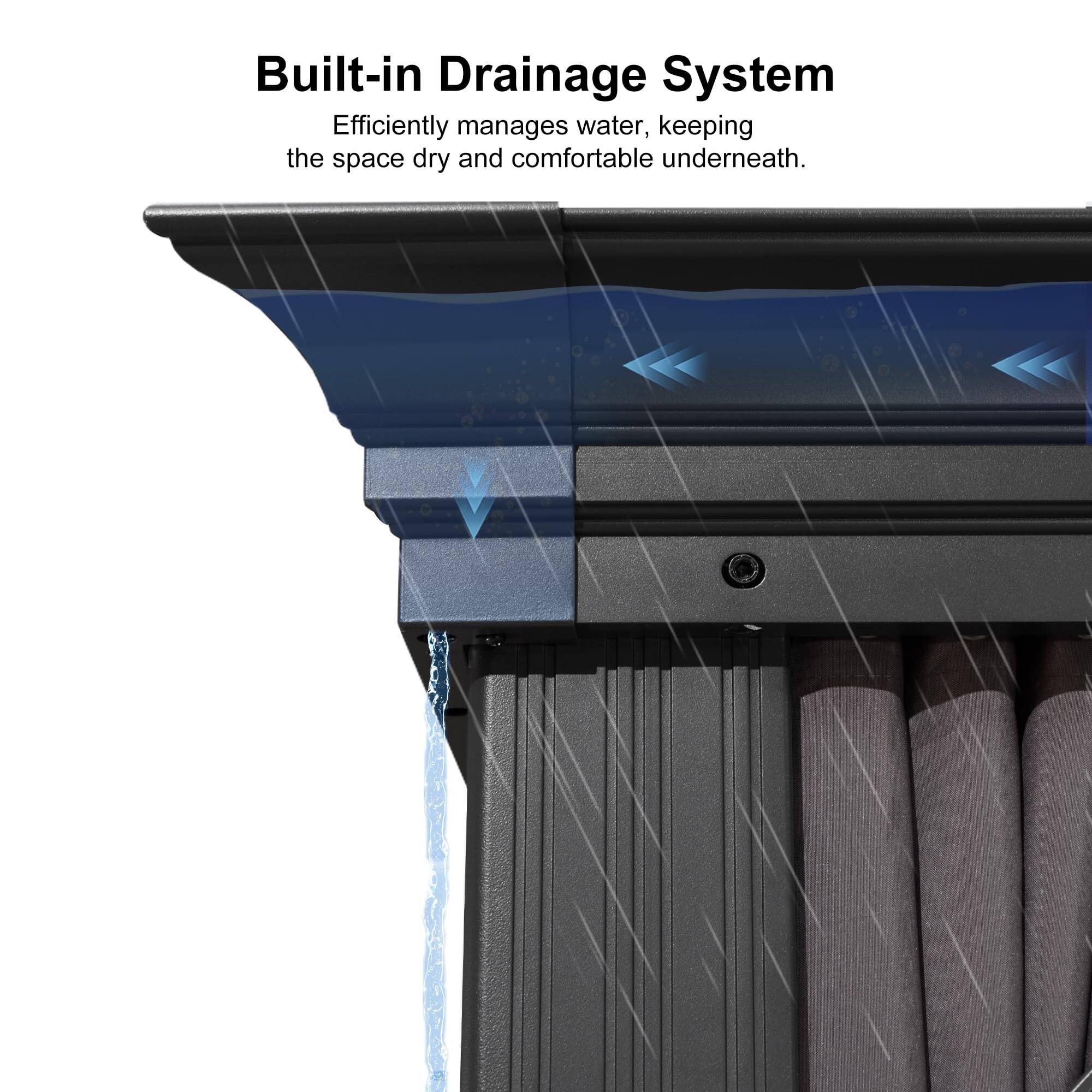 Built-in Drainage System  
Efficiently manages water, keeping the space dry and comfortable underneath.