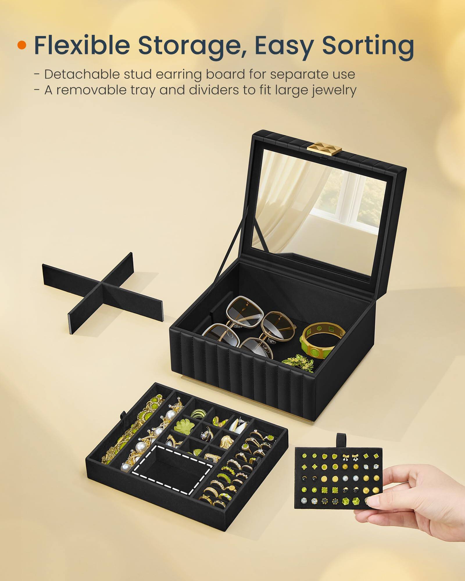 Flexible Storage, Easy Sorting

- Detachable stud earring board for separate use
- A removable tray and dividers to fit large jewelry